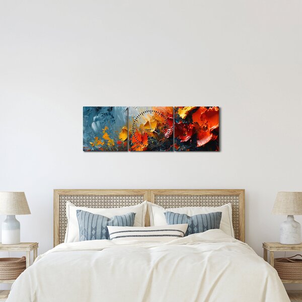 Obraz - Abstrakcyjny obraz kwiatów III. (z zegarem) (90x30 cm)