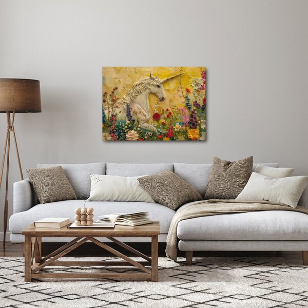 Obraz - Jednorożec z kwiatami (70x50 cm)