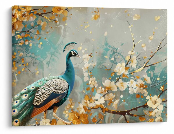 Obraz - Paw ze złotą dekoracją (70x50 cm)