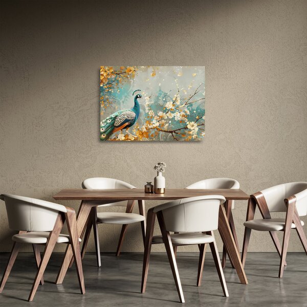 Obraz na szkle - Paw ze złotą dekoracją (70x50 cm)
