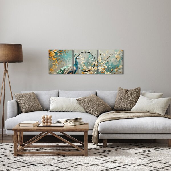 Obraz - Paw ze złotą dekoracją (z zegarem) (90x30 cm)