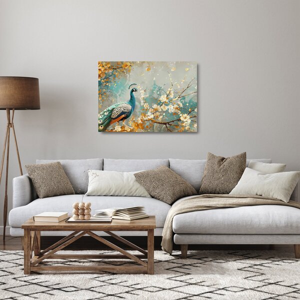 Obraz na szkle - Paw ze złotą dekoracją (70x50 cm)