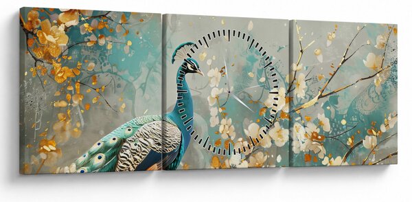 Obraz - Paw ze złotą dekoracją (z zegarem) (90x30 cm)