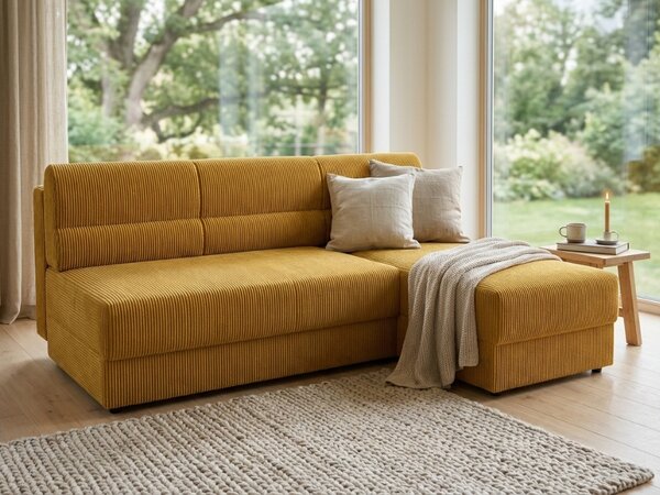 Rozkładana narożna sofa TAVERO SLIM 201x140 cm, musztardowa, uniwersalna