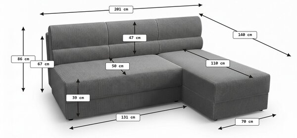 Rozkładana narożna sofa TAVERO SLIM 201x140 cm, jasnobeżowa, uniwersalna