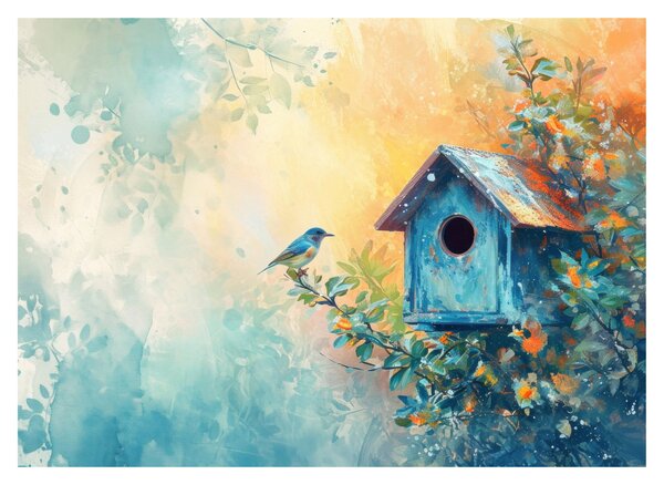 Obraz na szkle - Domek dla ptaków, akwarela (70x50 cm)