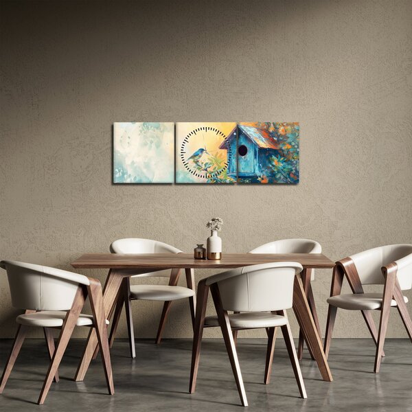 Obraz - Domek dla ptaków, akwarela (z zegarem) (90x30 cm)