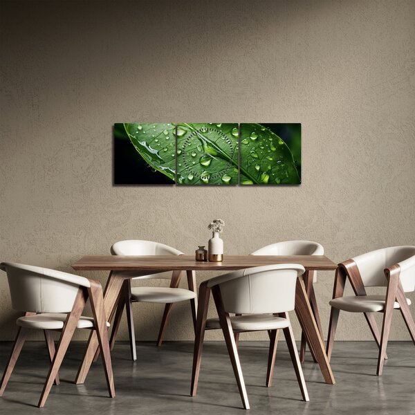 Obraz - Liść po deszczu (z zegarem) (90x30 cm)