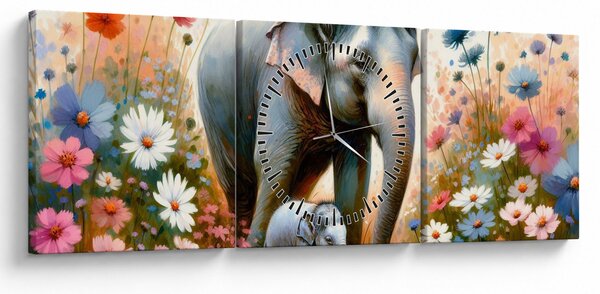 Obraz - Słoniowa mama, akwarela (z zegarem) (90x30 cm)