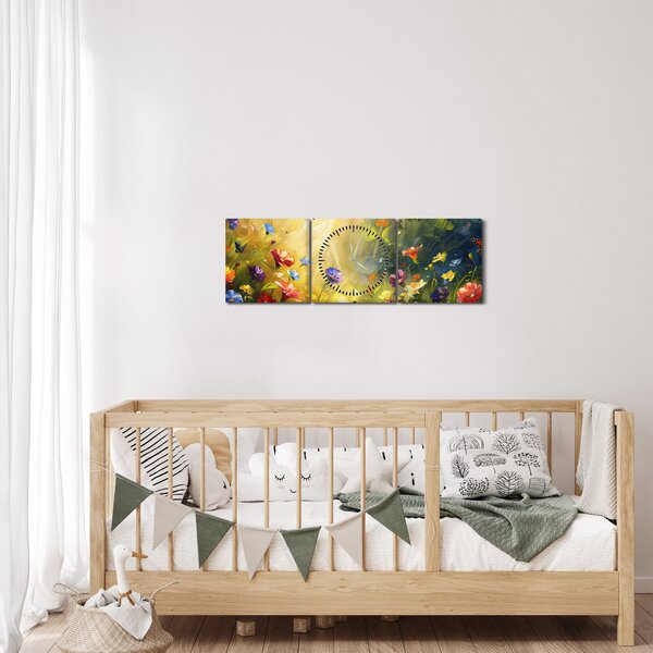 Obraz - Wiosenna łąka kwiatowa, malarstwo (z zegarem) (90x30 cm)