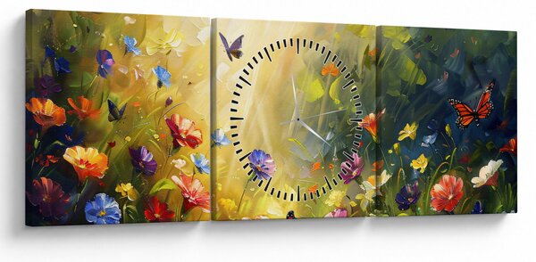 Obraz - Wiosenna łąka kwiatowa, malarstwo (z zegarem) (90x30 cm)