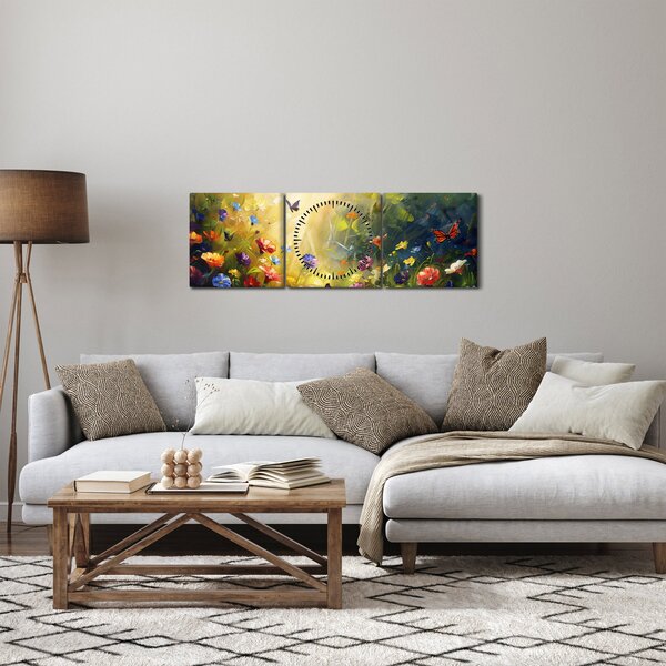 Obraz - Wiosenna łąka kwiatowa, malarstwo (z zegarem) (90x30 cm)