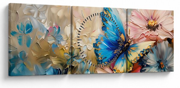 Obraz - Malowanie kwiatów i motyli (z zegarem) (90x30 cm)