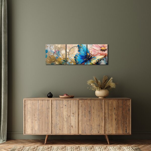 Obraz - Malowanie kwiatów i motyli (z zegarem) (90x30 cm)