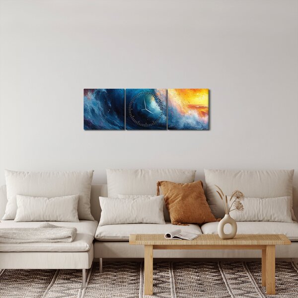 Obraz - Fala o zachodzie słońca (z zegarem) (90x30 cm)