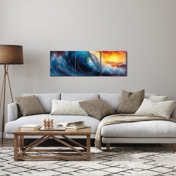 Obraz - Fala o zachodzie słońca (z zegarem) (90x30 cm)