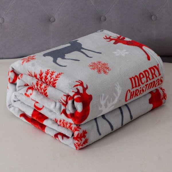 2x Szary świąteczny mikropluszowy koc MERRY CHRISTMAS DEER 160x200 cm