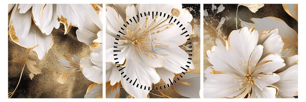 Obraz - Kwiaty w kolorze złotym (z zegarem) (90x30 cm)