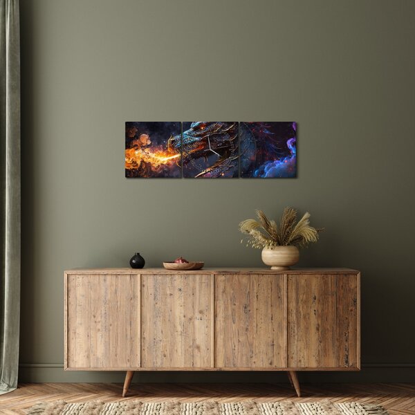 Obraz - Smok plujący płomieniami (z zegarem) (90x30 cm)