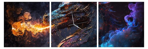 Obraz - Smok plujący płomieniami (z zegarem) (90x30 cm)
