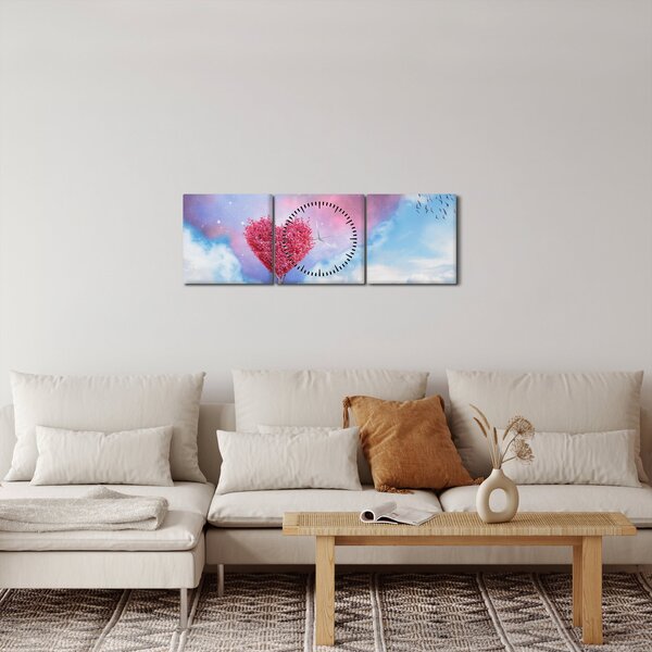Obraz - Drzewo z różowym sercem (z zegarem) (90x30 cm)