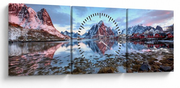 Obraz - Wschód słońca nad Reine (z zegarem) (90x30 cm)