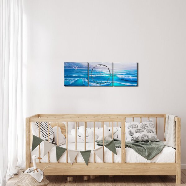 Obraz - Obraz olejny przedstawiający morze z mewami (z zegarem) (90x30 cm)