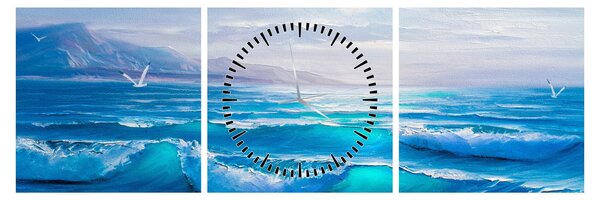 Obraz - Obraz olejny przedstawiający morze z mewami (z zegarem) (90x30 cm)