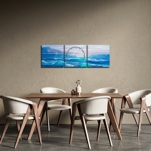 Obraz - Obraz olejny przedstawiający morze z mewami (z zegarem) (90x30 cm)