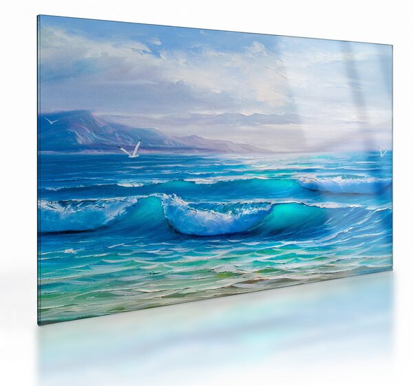Obraz na szkle - Obraz olejny przedstawiający morze z mewami (70x50 cm)