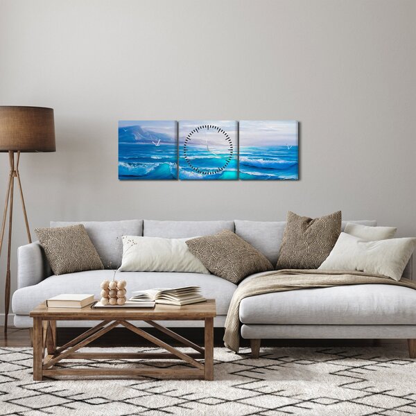 Obraz - Obraz olejny przedstawiający morze z mewami (z zegarem) (90x30 cm)