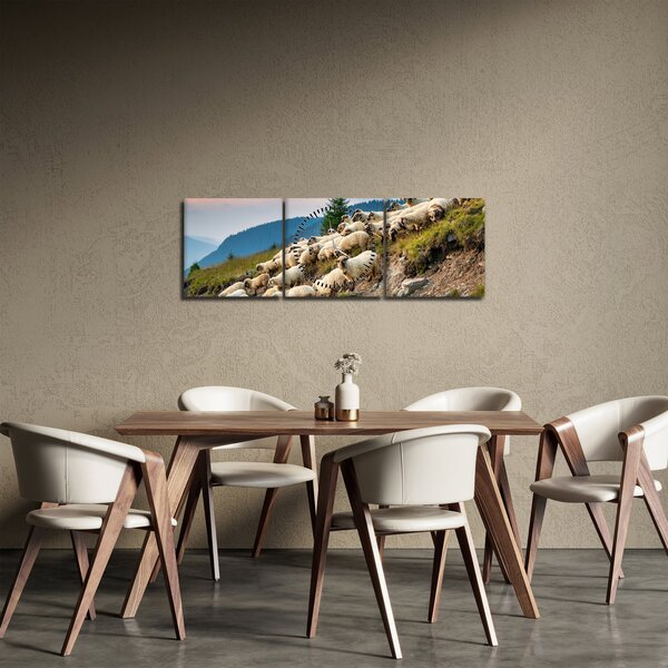Obraz - Stado owiec (z zegarem) (90x30 cm)