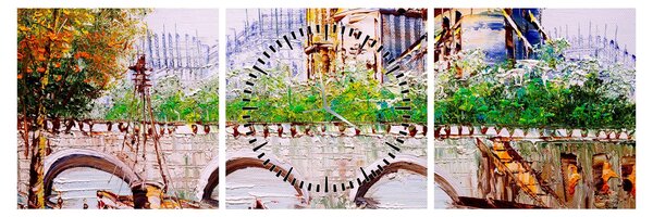Obraz - Obraz olejny przedstawiający miasto (z zegarem) (90x30 cm)