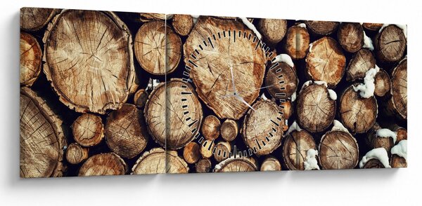 Obraz - Drewno w śniegu (z zegarem) (90x30 cm)