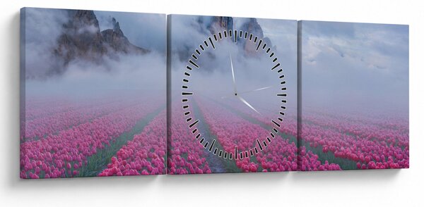 Obraz - Krajobraz z polami tulipanów (z zegarem) (90x30 cm)