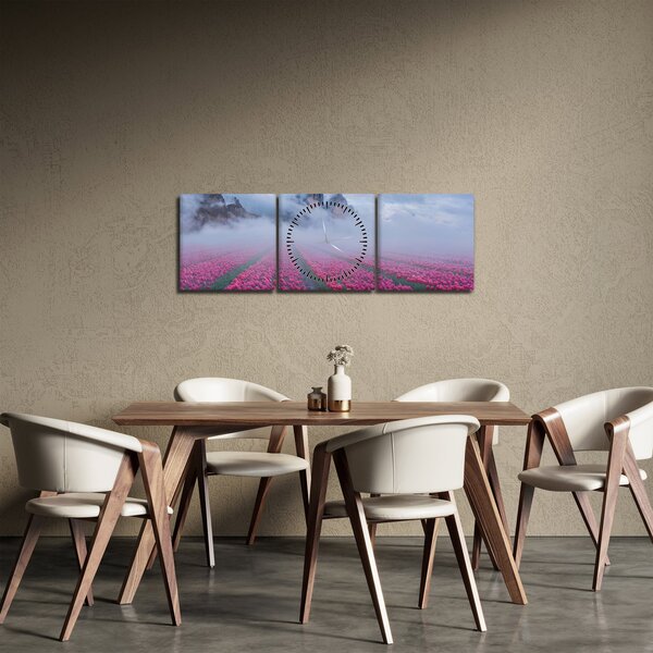 Obraz - Krajobraz z polami tulipanów (z zegarem) (90x30 cm)