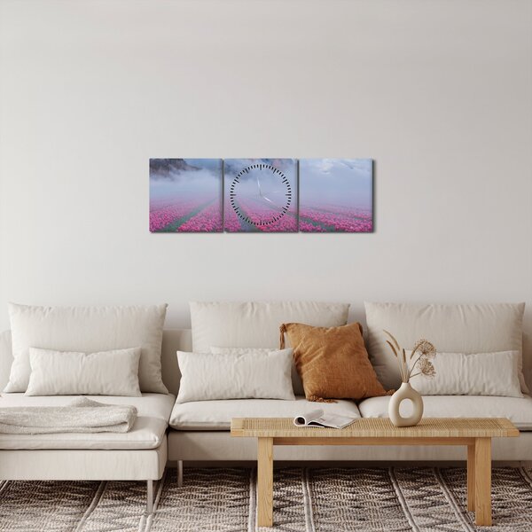 Obraz - Krajobraz z polami tulipanów (z zegarem) (90x30 cm)