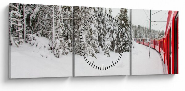 Obraz - Pociąg w zaśnieżonym krajobrazie (z zegarem) (90x30 cm)