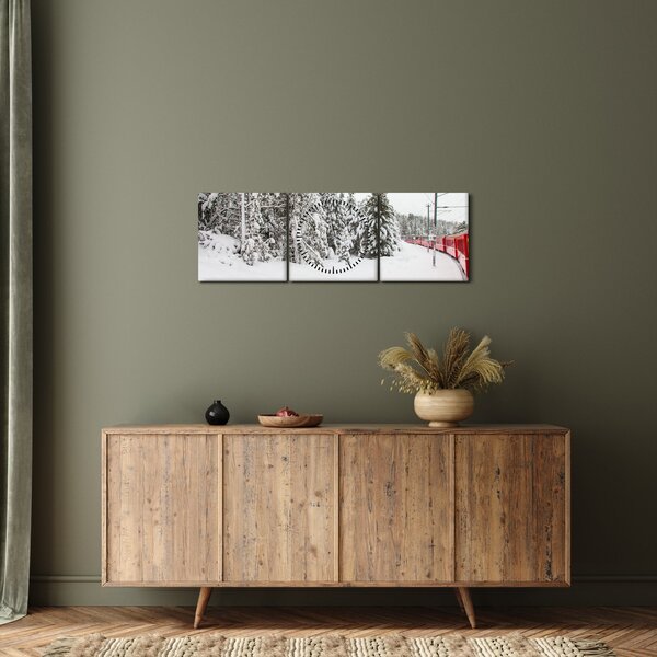 Obraz - Pociąg w zaśnieżonym krajobrazie (z zegarem) (90x30 cm)