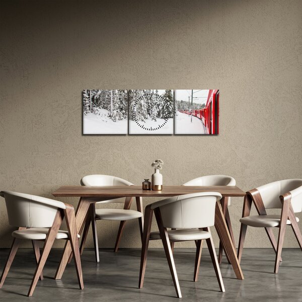 Obraz - Pociąg w zaśnieżonym krajobrazie (z zegarem) (90x30 cm)