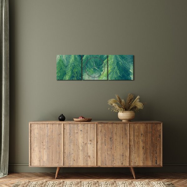 Obraz - Malowane drzewa iglaste (z zegarem) (90x30 cm)