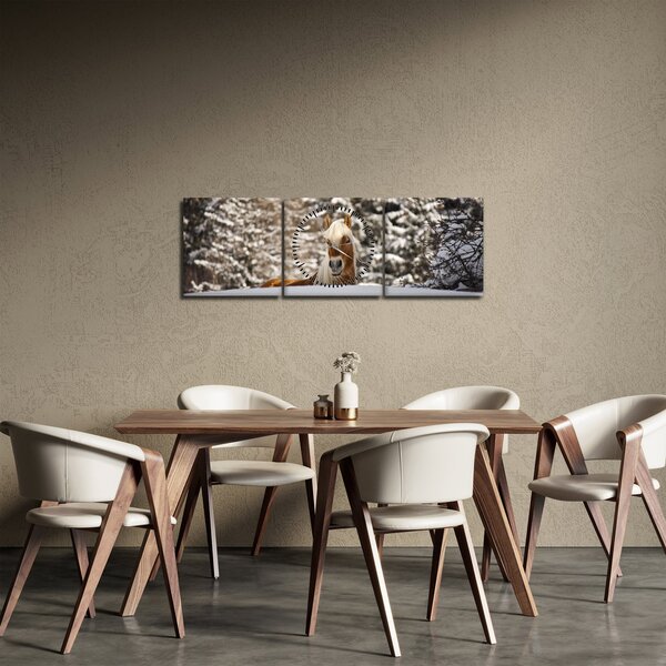 Obraz - Koń w zimowym krajobrazie (z zegarem) (90x30 cm)