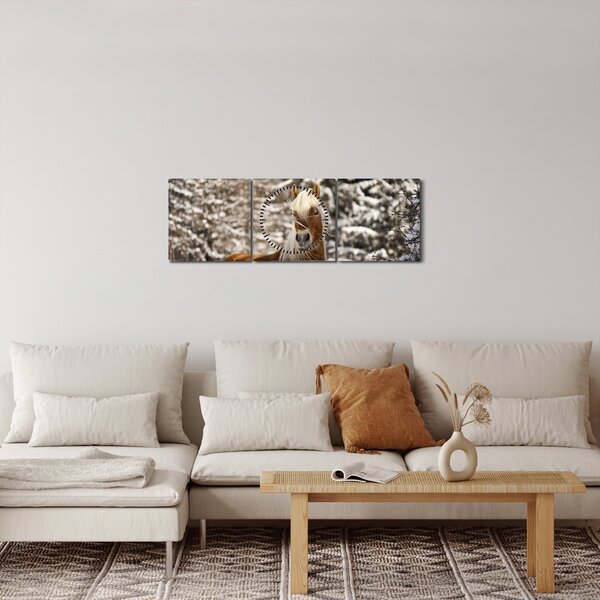 Obraz - Koń w zimowym krajobrazie (z zegarem) (90x30 cm)