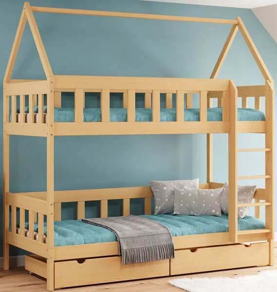 Łóżko piętrowe domek 2-osobowe z szufladami, sosna 80x28x222 W3-B28