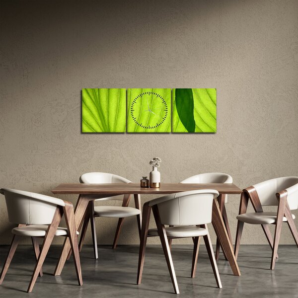 Obraz - Szczegół zielonego liścia (z zegarem) (90x30 cm)