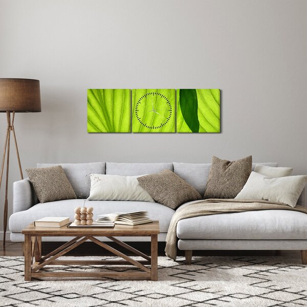 Obraz - Szczegół zielonego liścia (z zegarem) (90x30 cm)