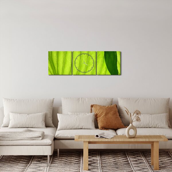 Obraz - Szczegół zielonego liścia (z zegarem) (90x30 cm)
