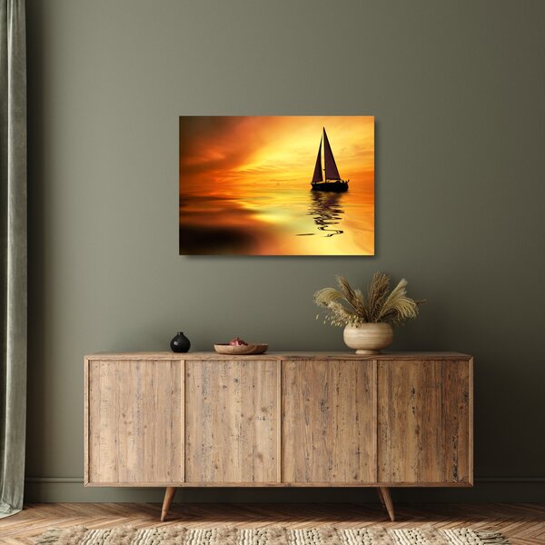 Obraz na szkle - Żaglówka o zachodzie słońca (70x50 cm)