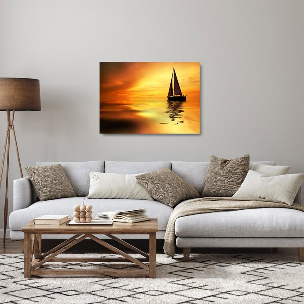 Obraz na szkle - Żaglówka o zachodzie słońca (70x50 cm)