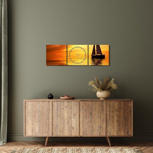 Obraz - Żaglówka o zachodzie słońca (z zegarem) (90x30 cm)